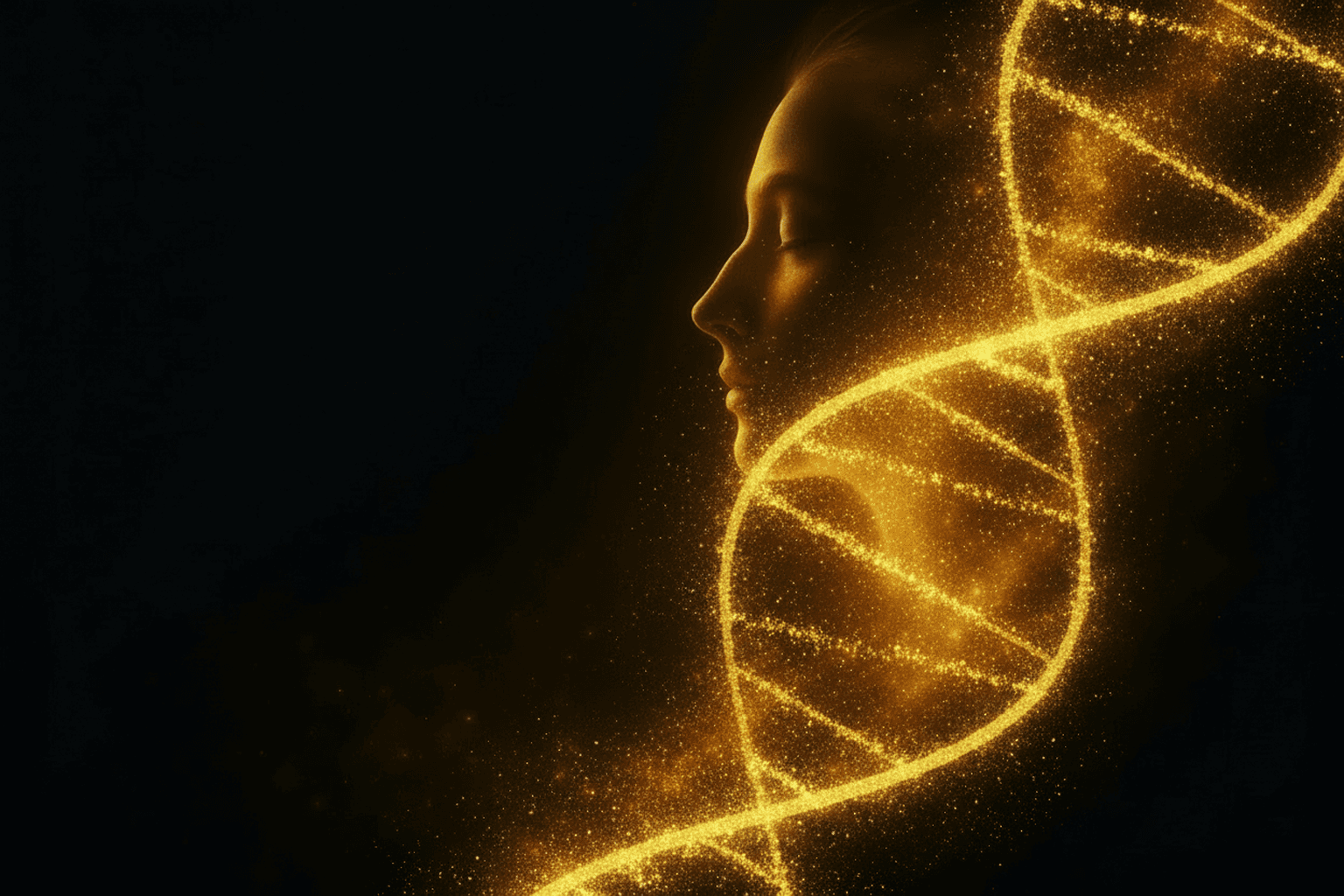 An ethereal human profile woven from a strand of golden DNA