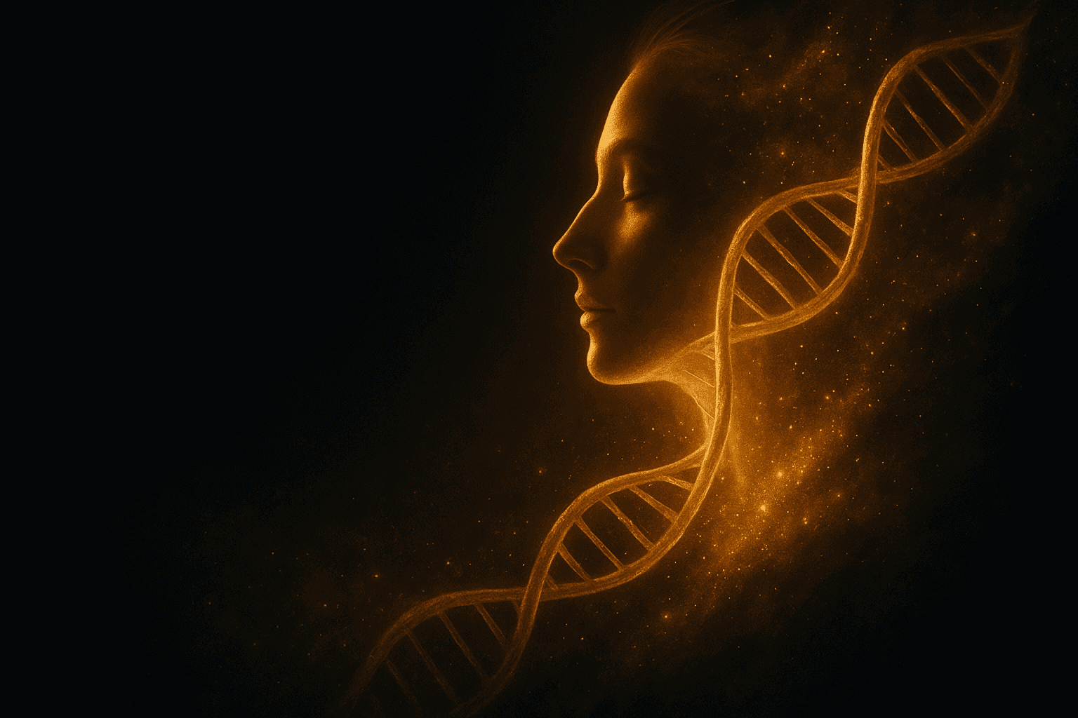 An ethereal human profile woven from a strand of golden DNA